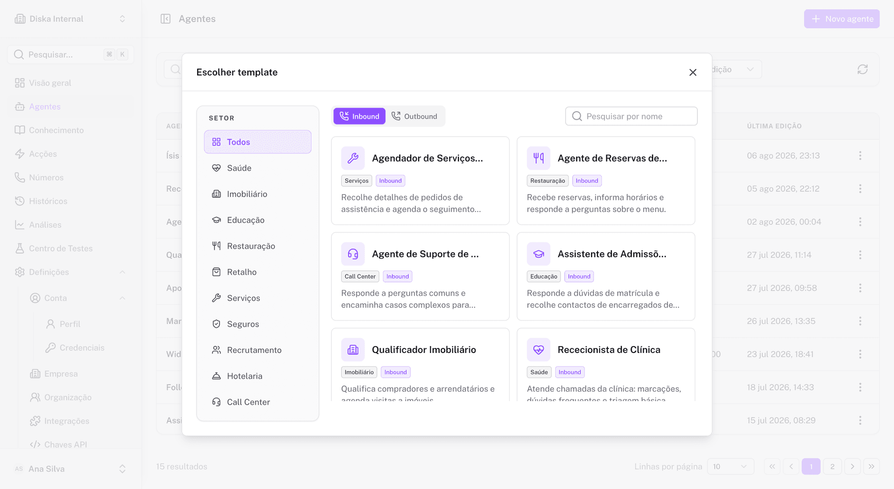 Galeria de templates por sector, com filtros de sector e tipo de agente