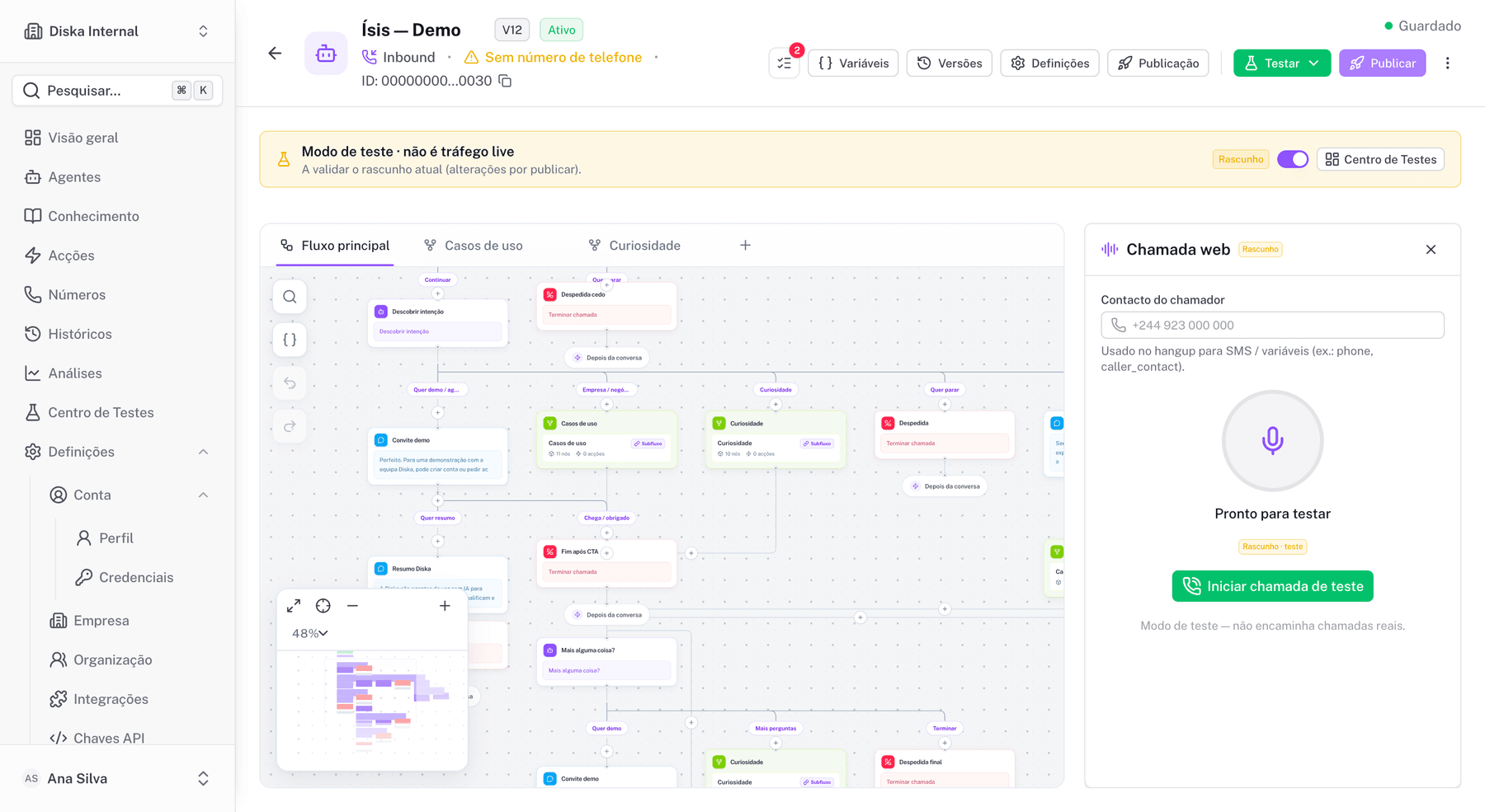 Painel de chamada web com contacto do chamador e botão Iniciar chamada de teste