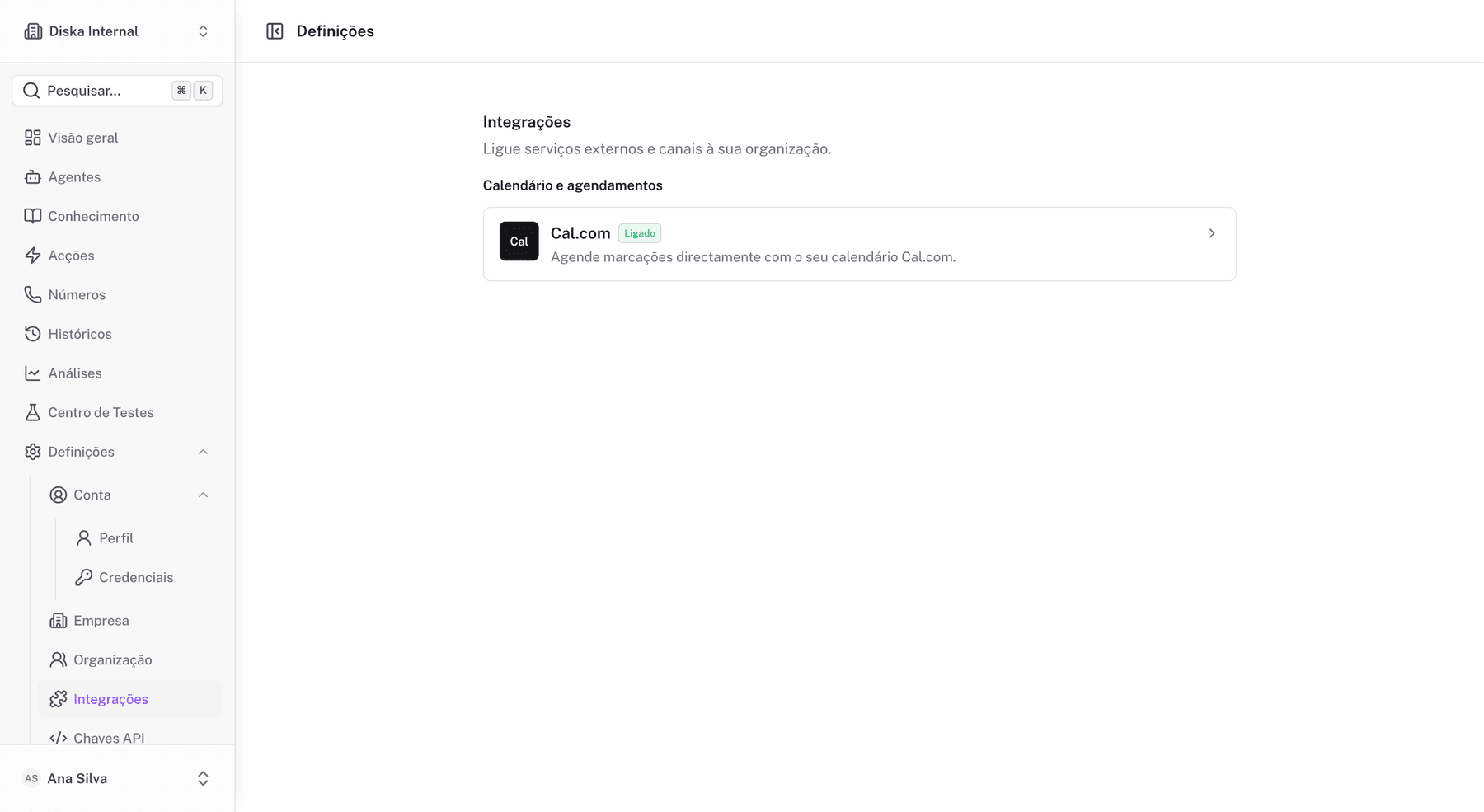Página de integrações com o Cal.com ligado