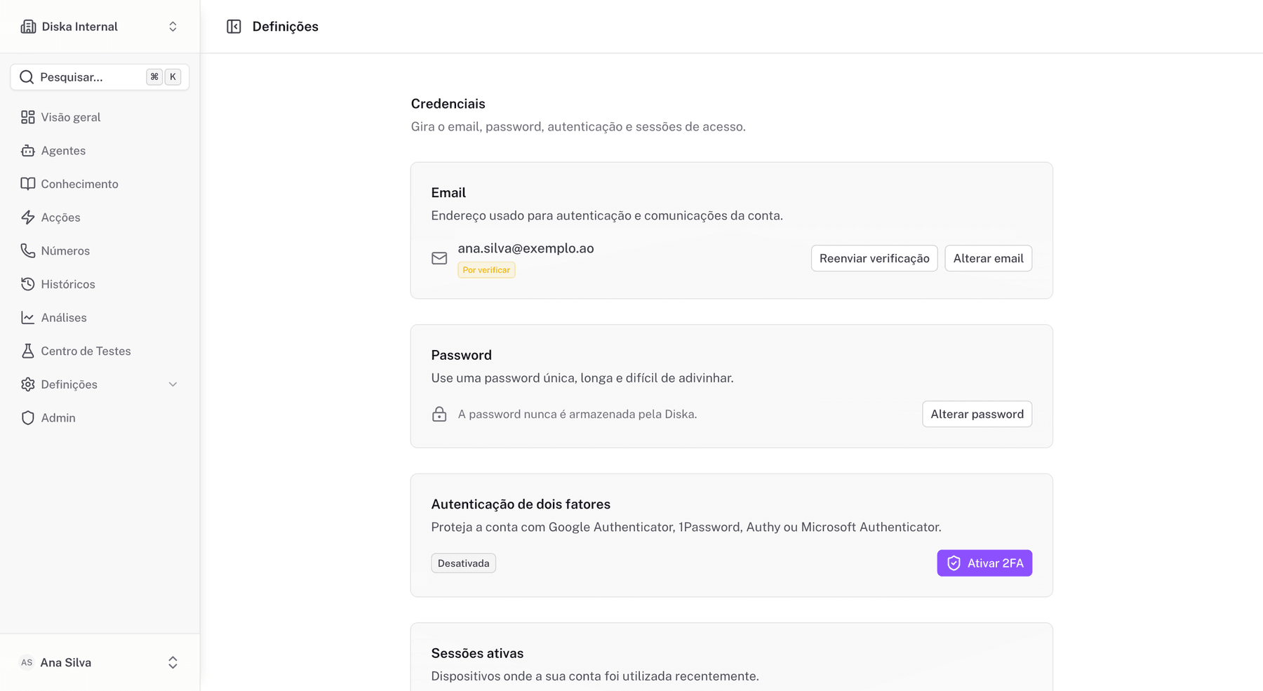 Página de Credenciais com email, password e autenticação de dois fatores